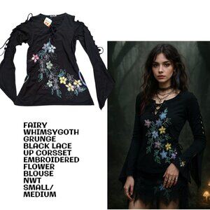 vtg.‎ Black Embroidered Floral Tie Up sleeves Fairy Grunge Boho Top NWT